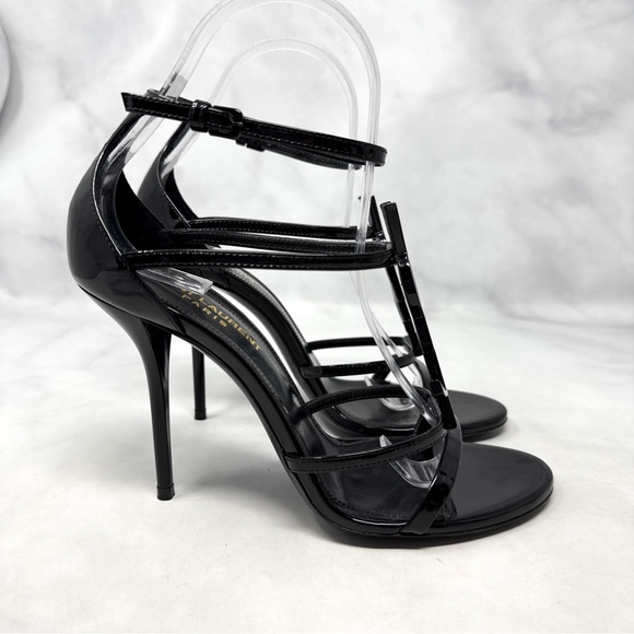 Saint Laurent YSL Cassandra Patent Leather Strappy Sandal Heel Designer Black 37 - Picture 6 of 16